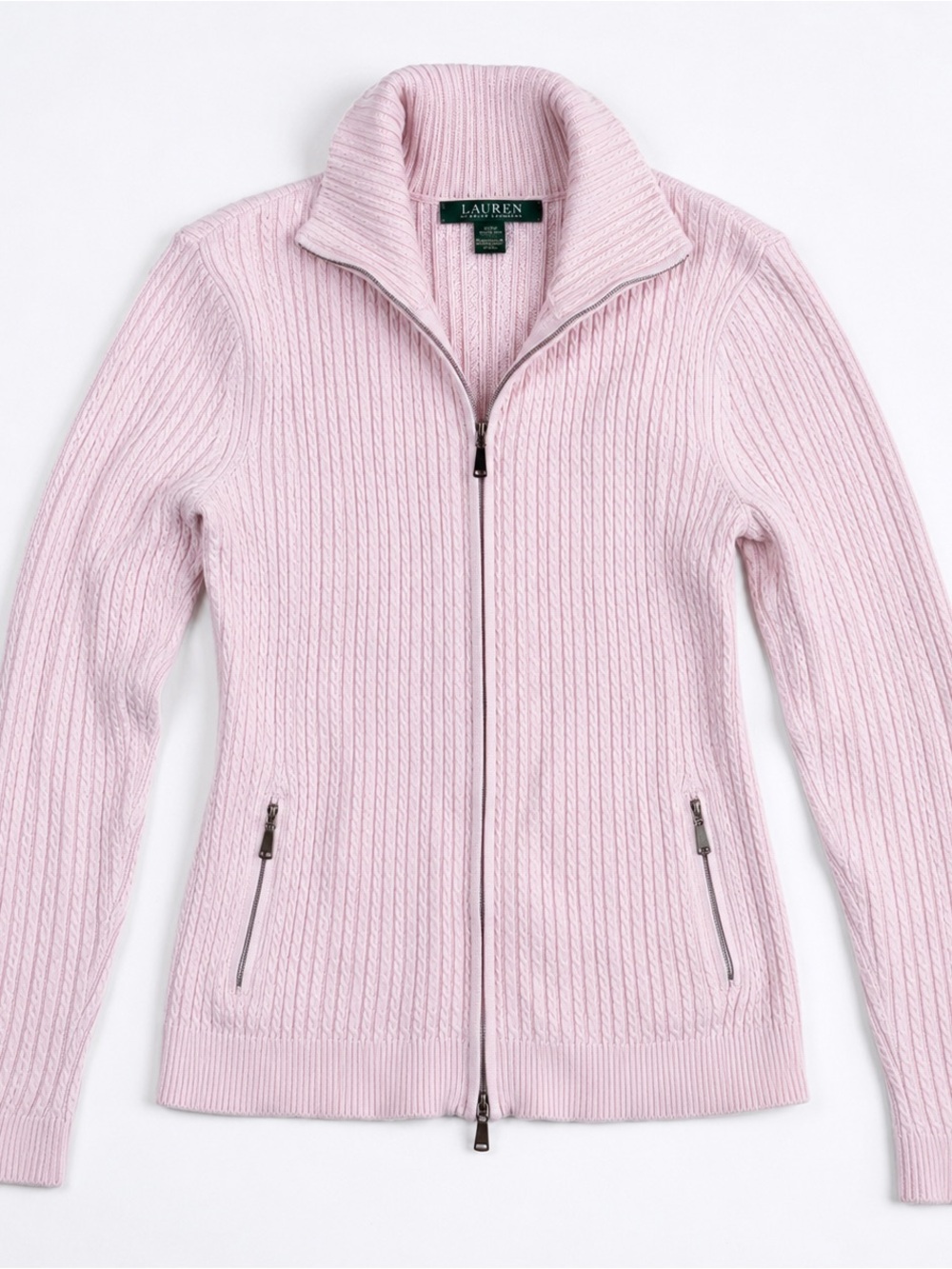 Ralph Lauren Cable Knit Zip Up Sweater Small‎ Pink Cardigan Mock Neck